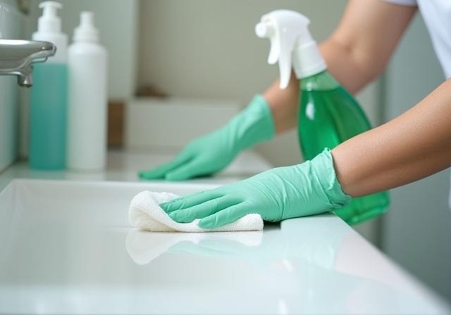 Professional cleaner sanitizing a surface.