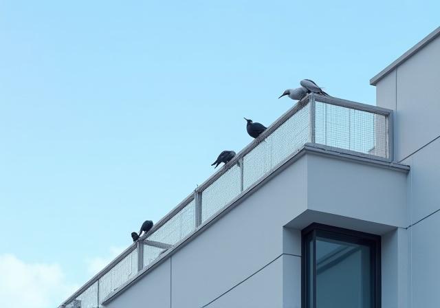 A humane bird deterrent system on a building ledge.